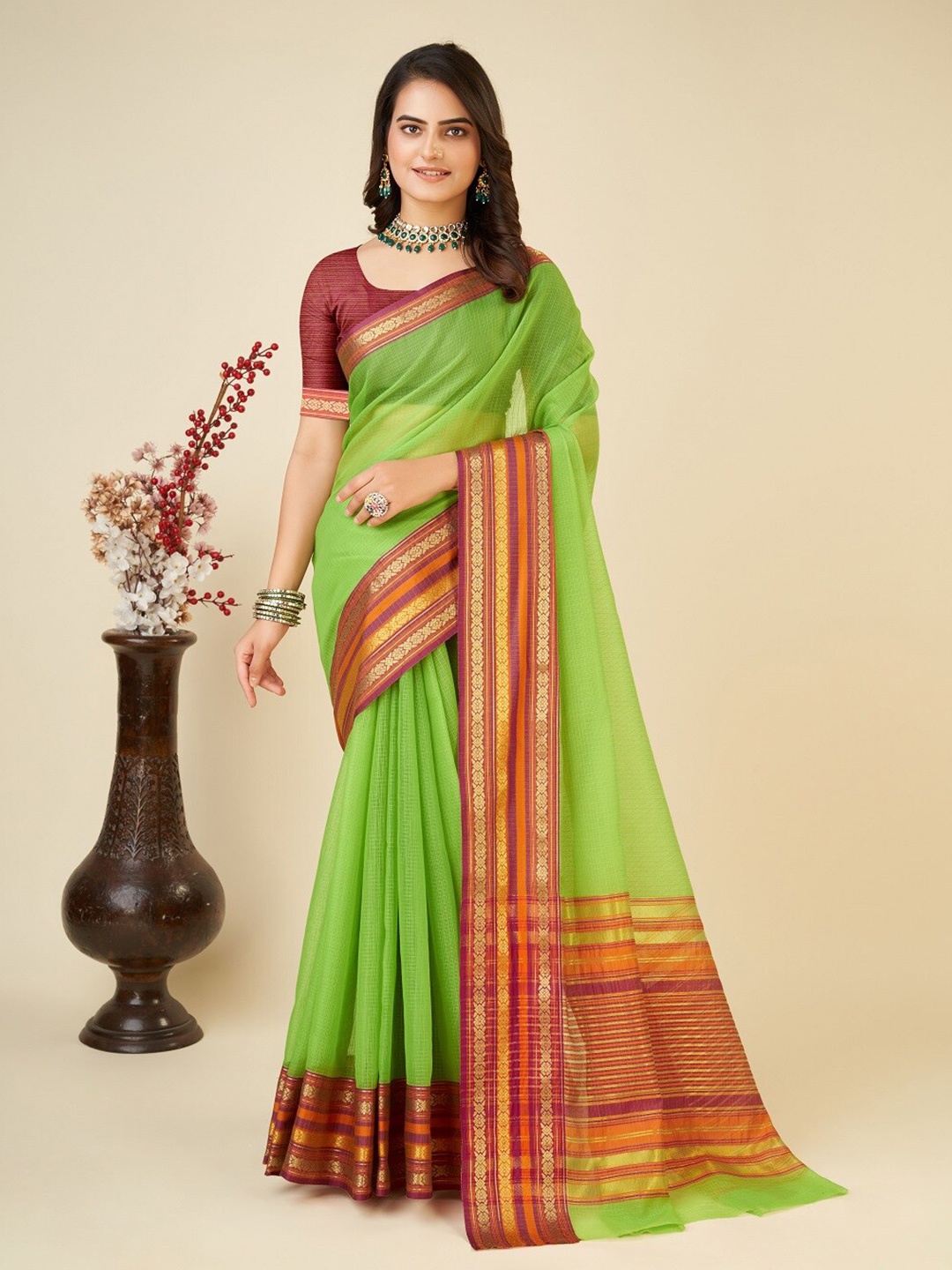 

Sarvada Zari Silk Cotton Kota Saree, Fluorescent green