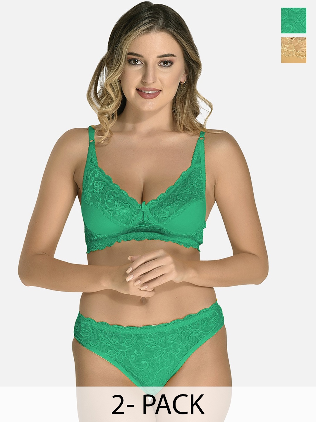 

StyFun Pack Of 2 Non Padded Lace Lingerie Set, Green