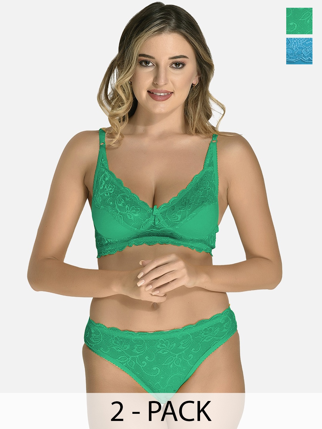 

StyFun Pack Of 2 Non Padded Lace Lingerie Set, Green