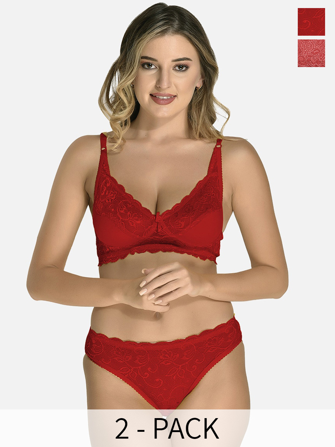

StyFun Pack Of 2 Non Padded Lace Lingerie Set, Maroon