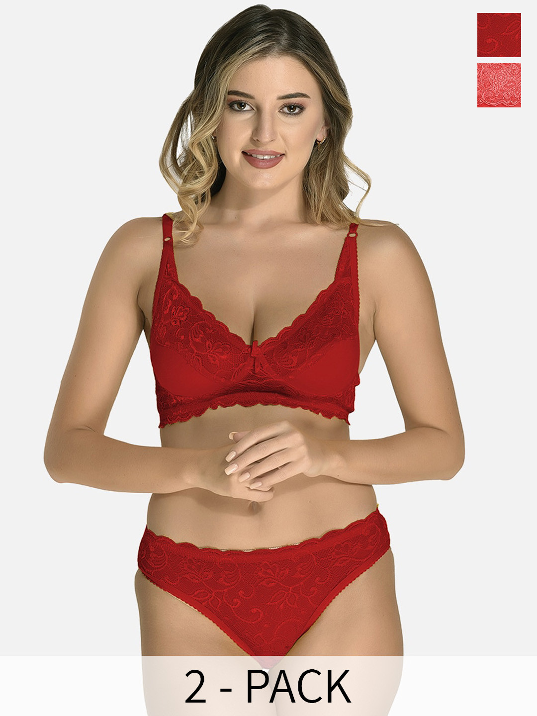 

StyFun Pack Of 2 Non Padded Lace Lingerie Set, Maroon