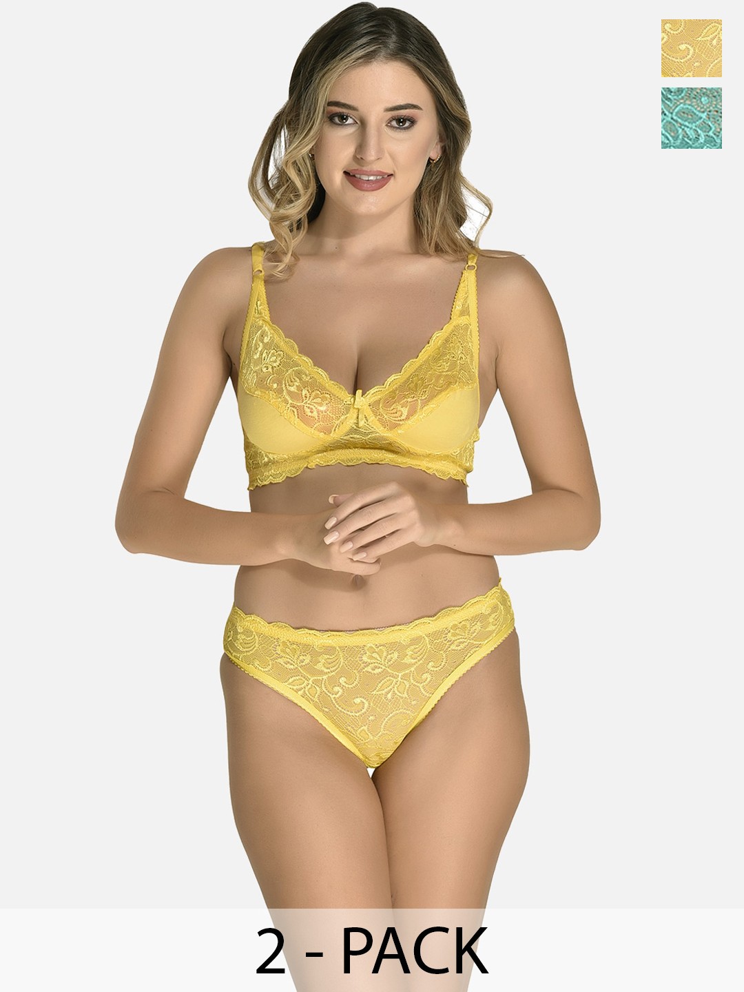 

StyFun Pack Of 2 Non Padded Lace Lingerie Set, Yellow