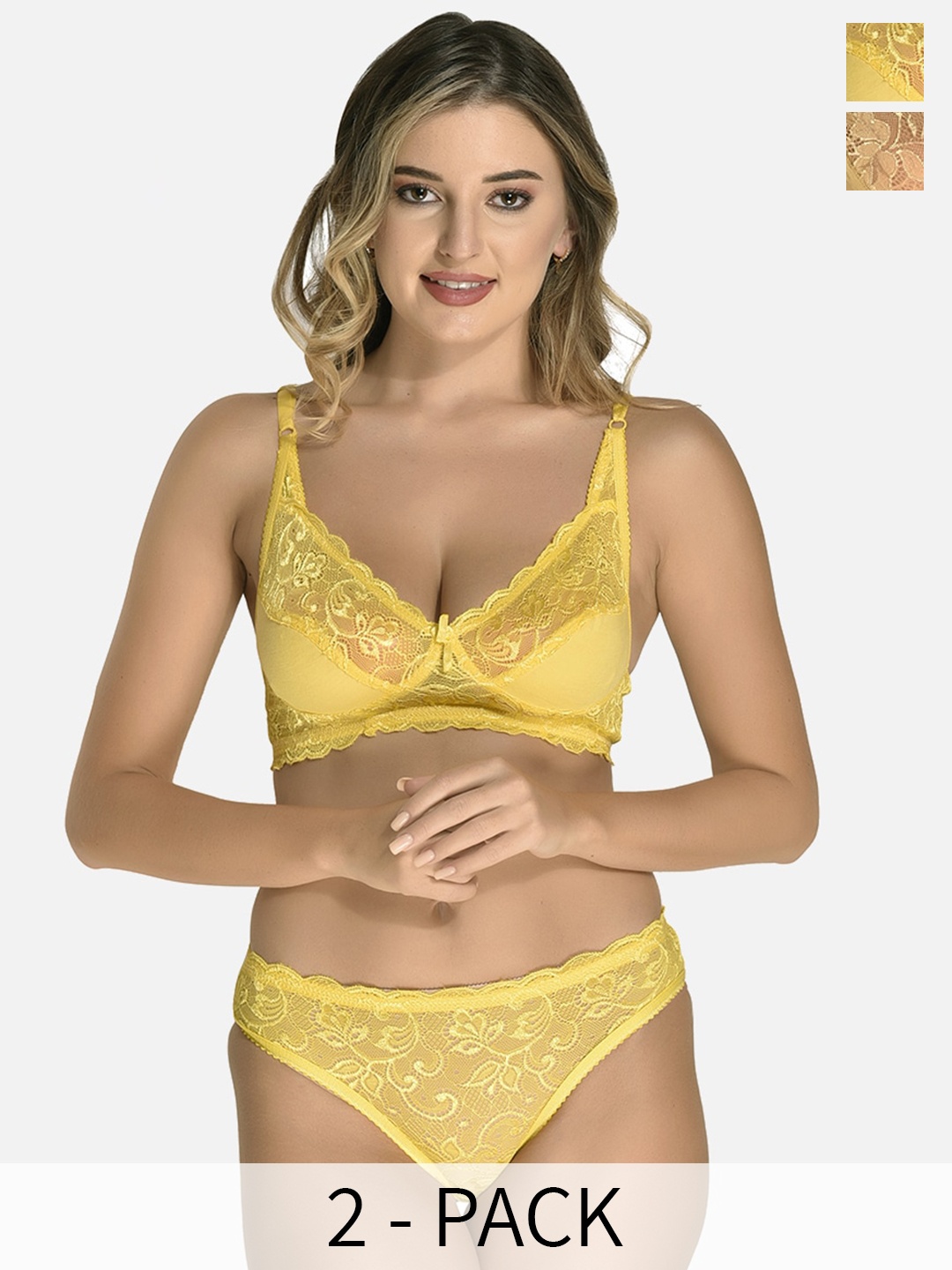 

StyFun Pack of 2 Non Padded Lace Lingerie Set, Yellow