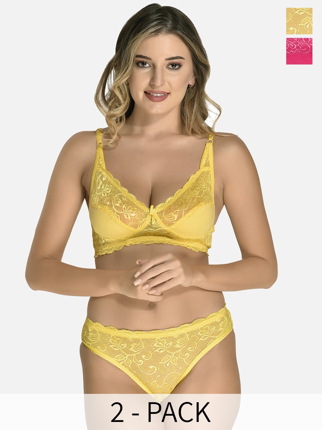 

StyFun Pack Of 2 Non Padded Lace Lingerie Set, Yellow