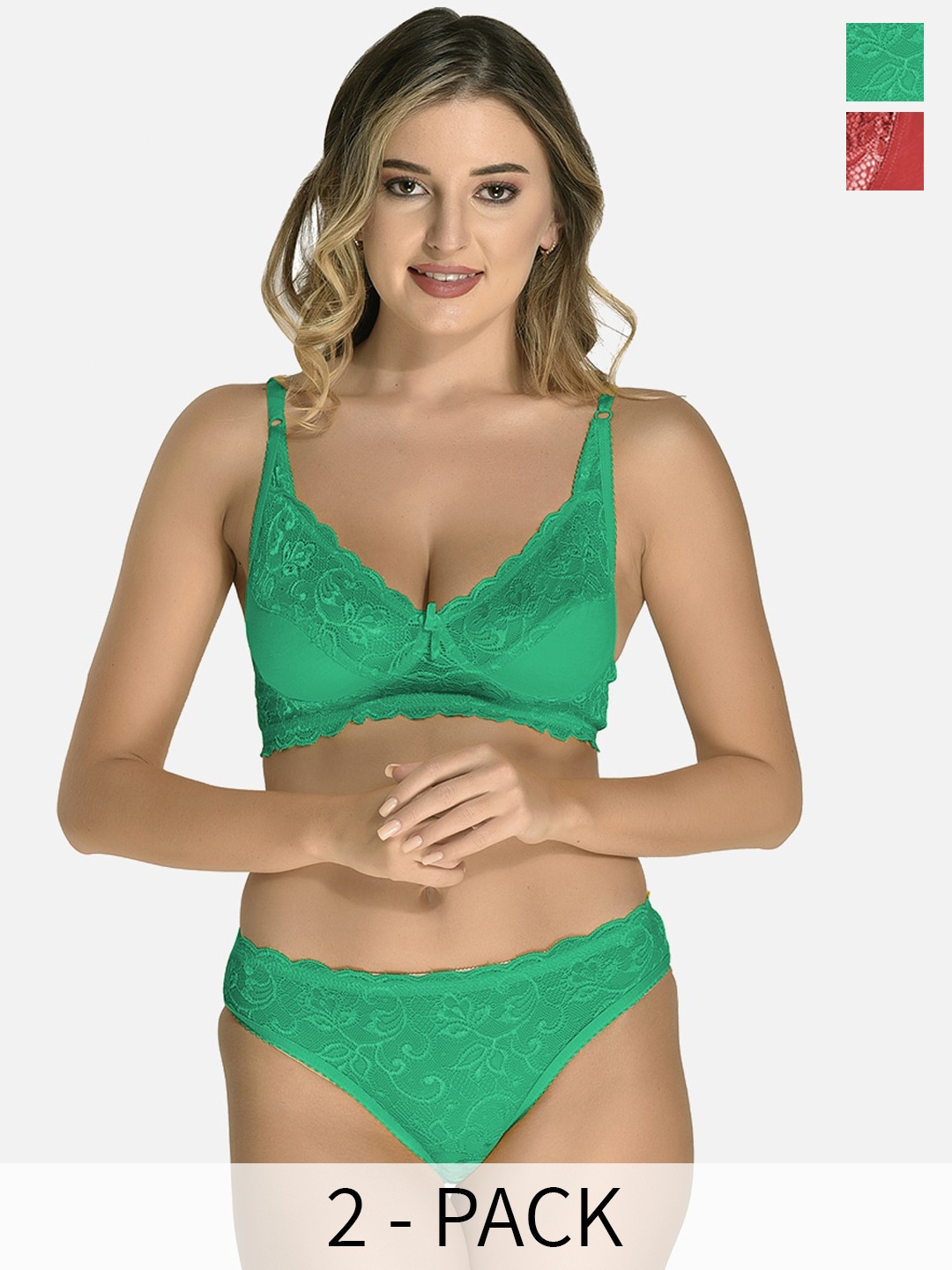 

StyFun Pack Of 2 Non Padded Lace Lingerie Set, Green