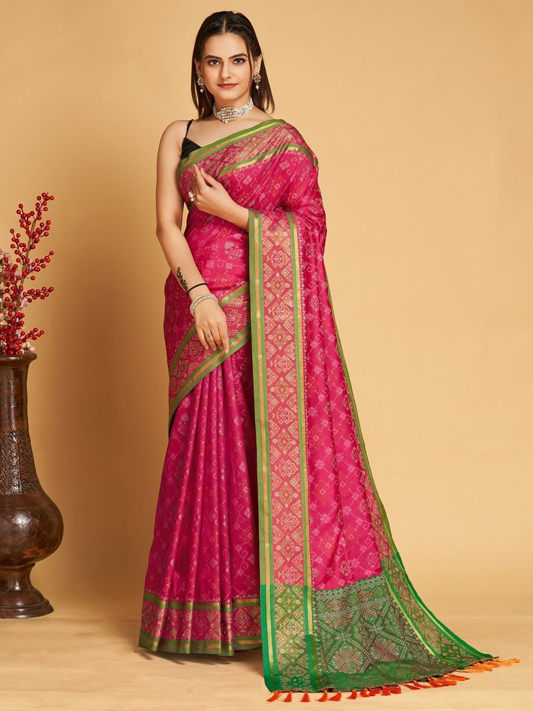 

Sarvada Ethnic Motifs Woven Design Zari Patola Saree, Pink