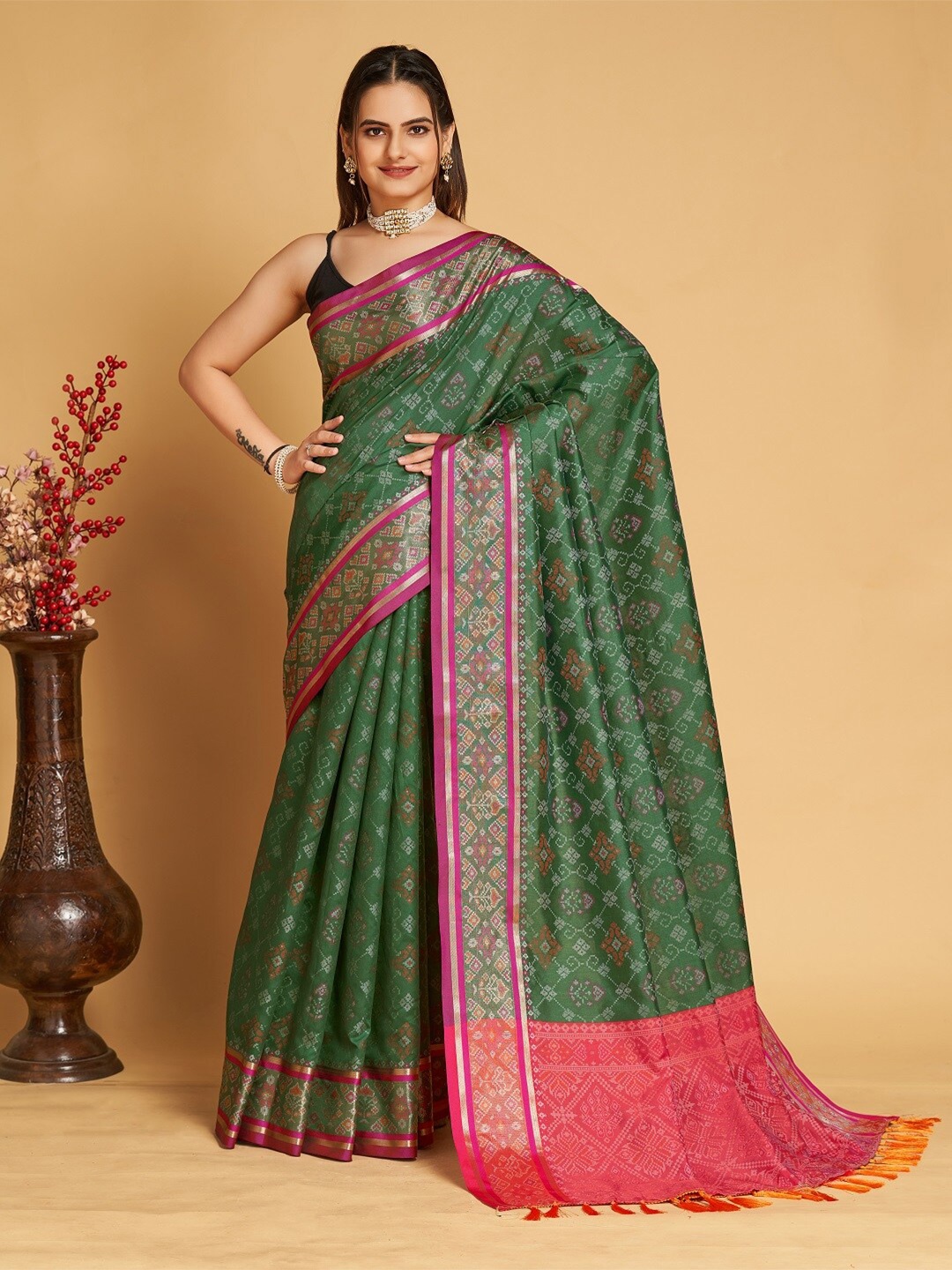 

Sarvada Ethnic Motifs Woven Design Zari Patola Saree, Green