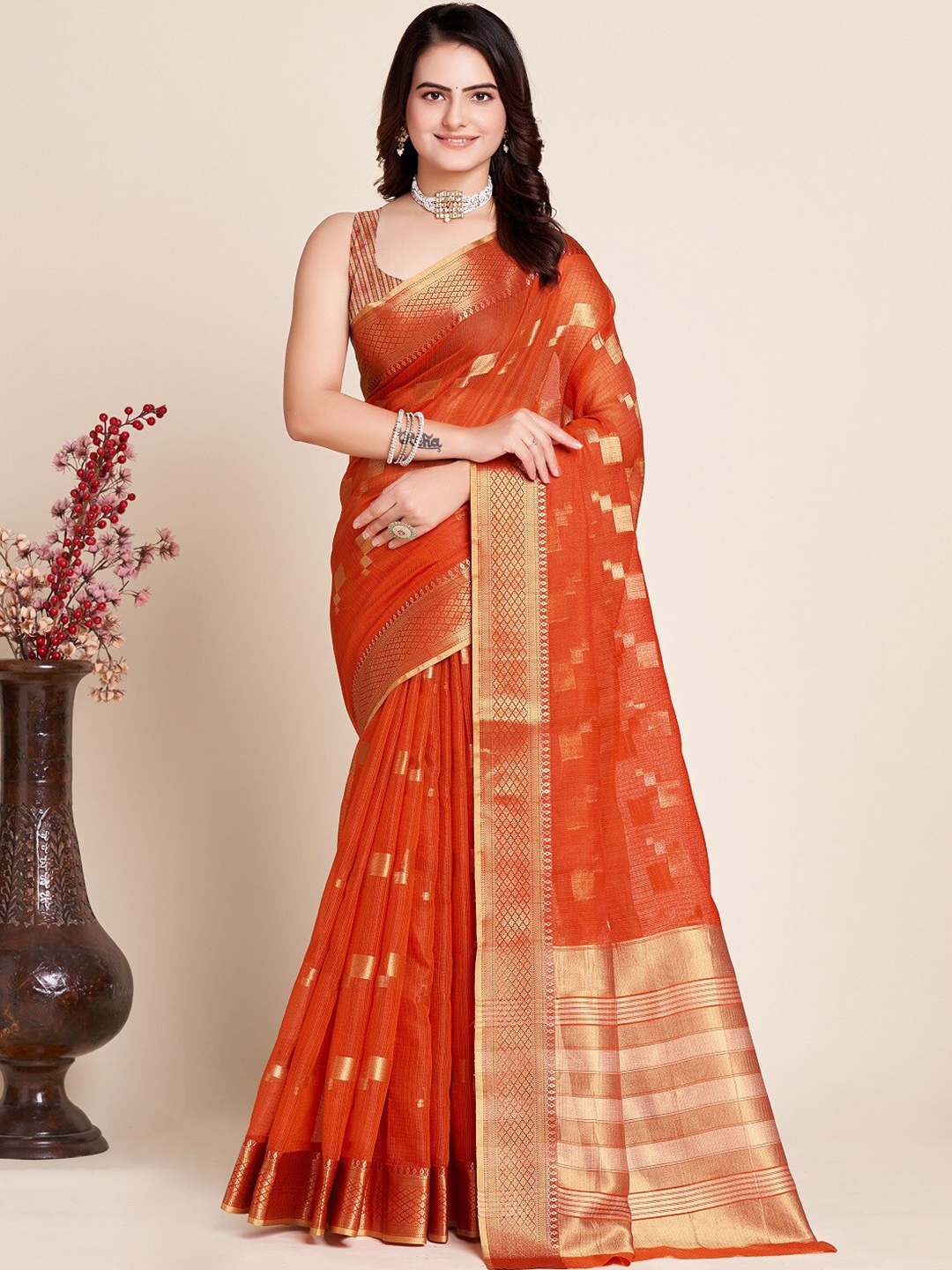 

Sarvada Geometric Woven Design Zari Kota Saree, Orange