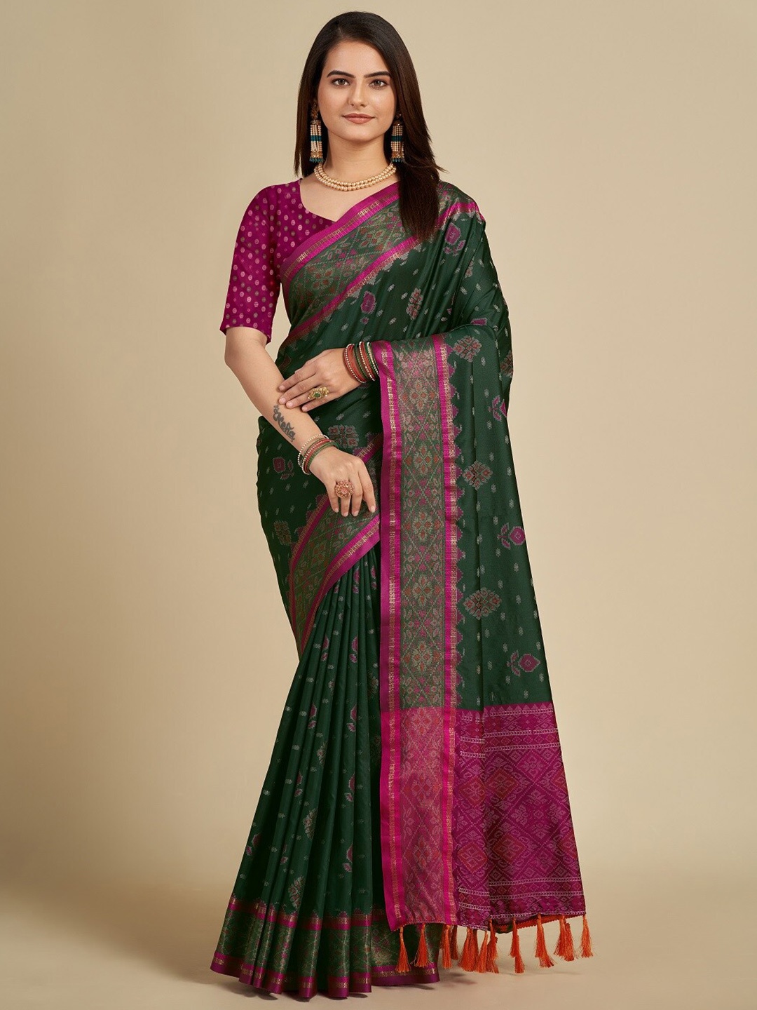 

Sarvada Ethnic Motifs Woven Design Zari Patola Saree, Green