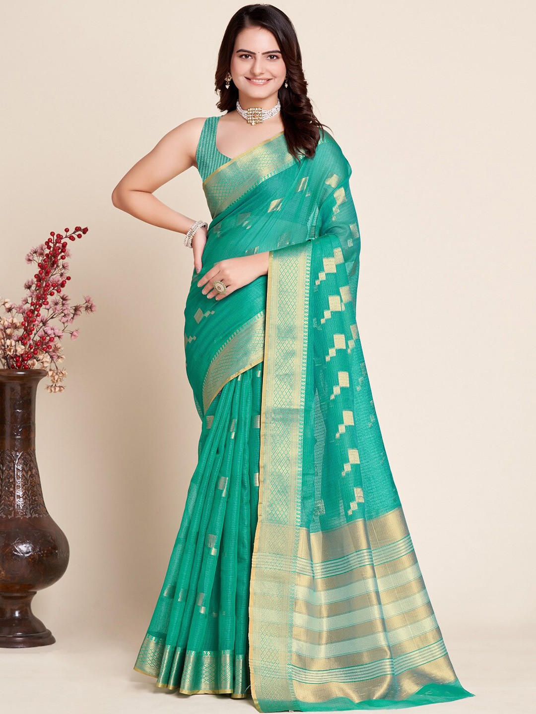 

Sarvada Woven Design Zari Silk Cotton Designer Kota Saree, Sea green