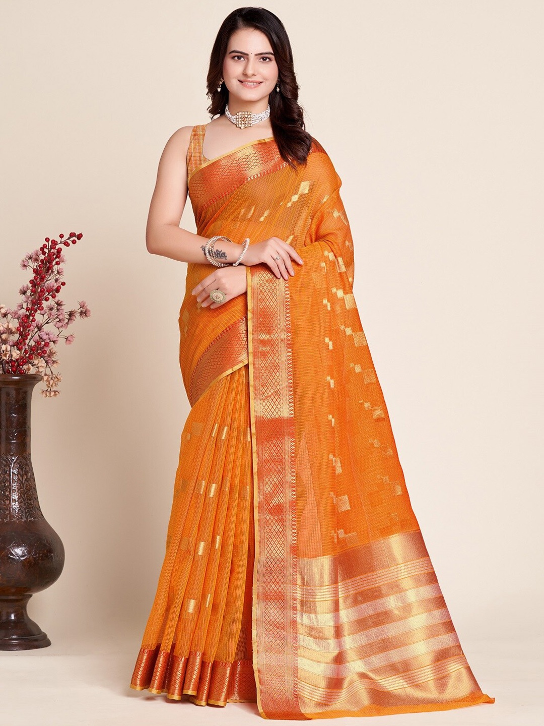 

Sarvada Ethnic Motifs Woven Design Zari Silk Cotton Kota Saree, Orange