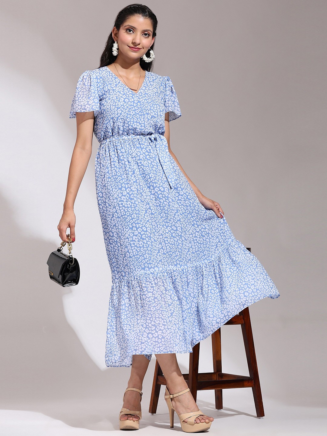 

Trendmalls Floral Print Flared Sleeve Georgette Fit & Flare Midi Dress, Blue