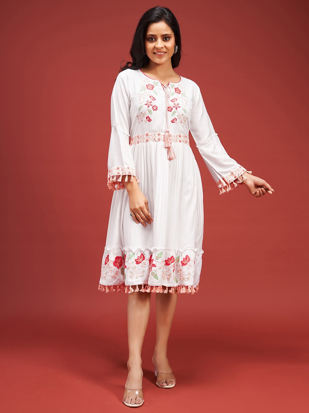 

Trendmalls Self Design Floral with Pom-Pom Detail Fit & Flare Dress, White