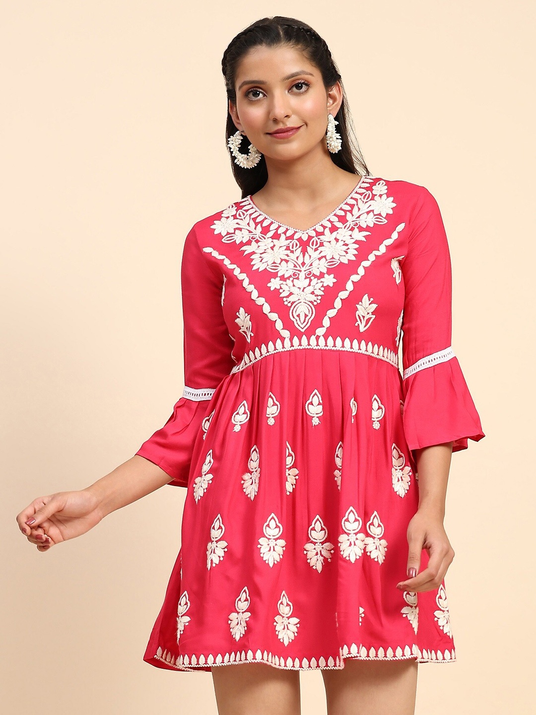

Trendmalls Floral Print Bell Sleeve Fit & Flare Mini Dress, Pink