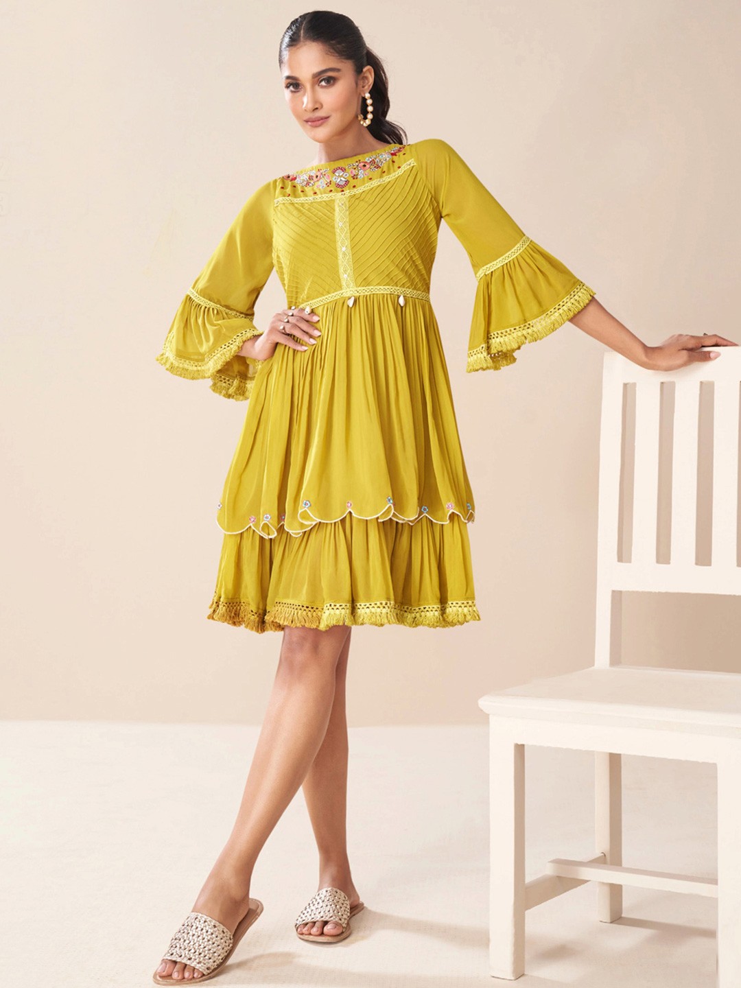 

Trendmalls Bell Sleeve Georgette Fit & Flare Dress, Yellow