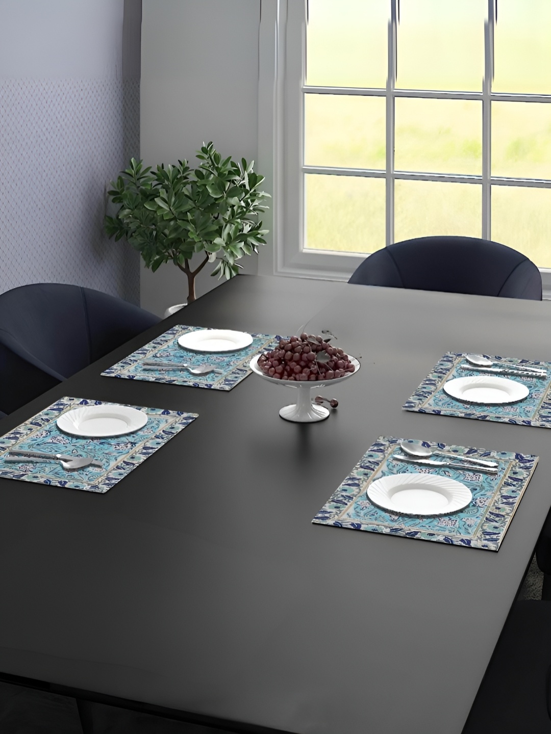 

Peepul Tree Set of 4 Hand Block Printed Table Placemats & Napkin- Blue & White