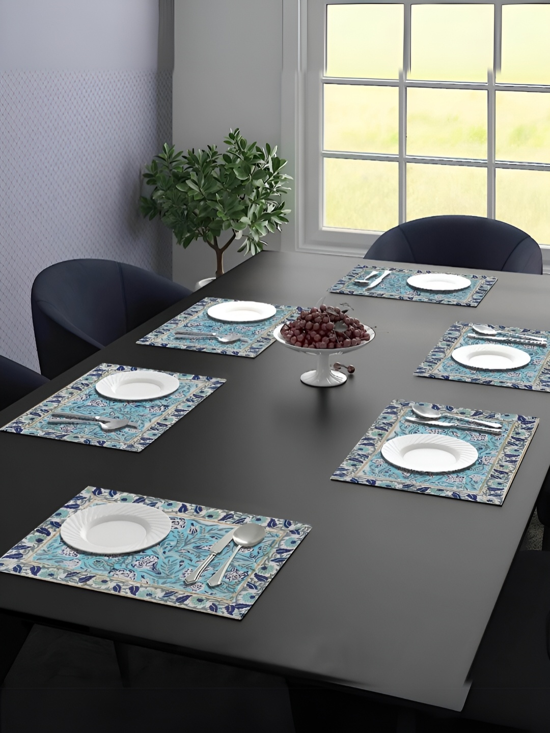 

Peepul Tree Set of 6 Hand Block Printed Table Placemats & Napkin, White