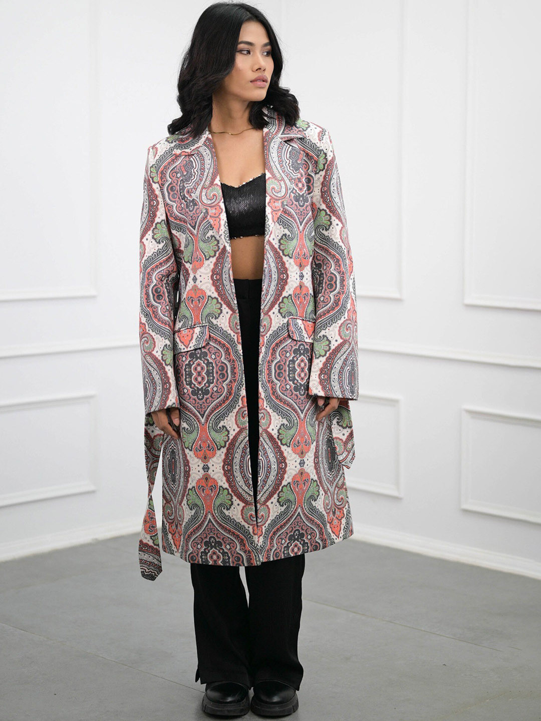 

NoLabels Printed Open Front Longline Overcoat, Beige