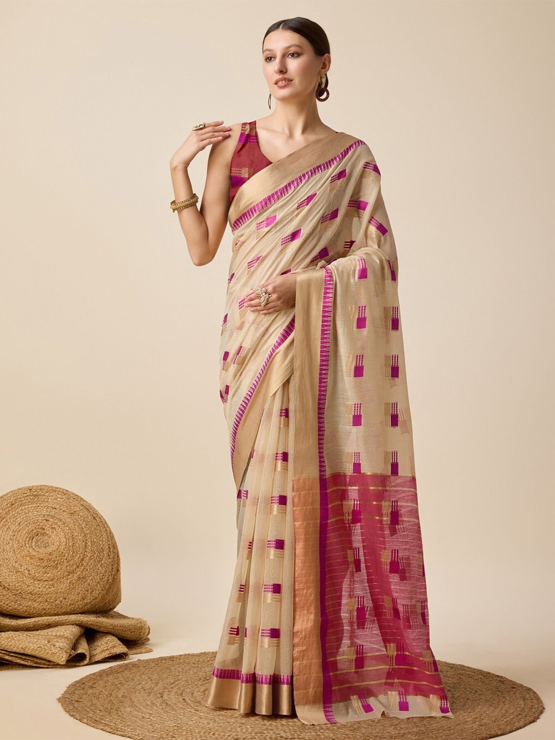 

Sarvada Woven Design Zari Silk Cotton Designer Kota Saree, Beige