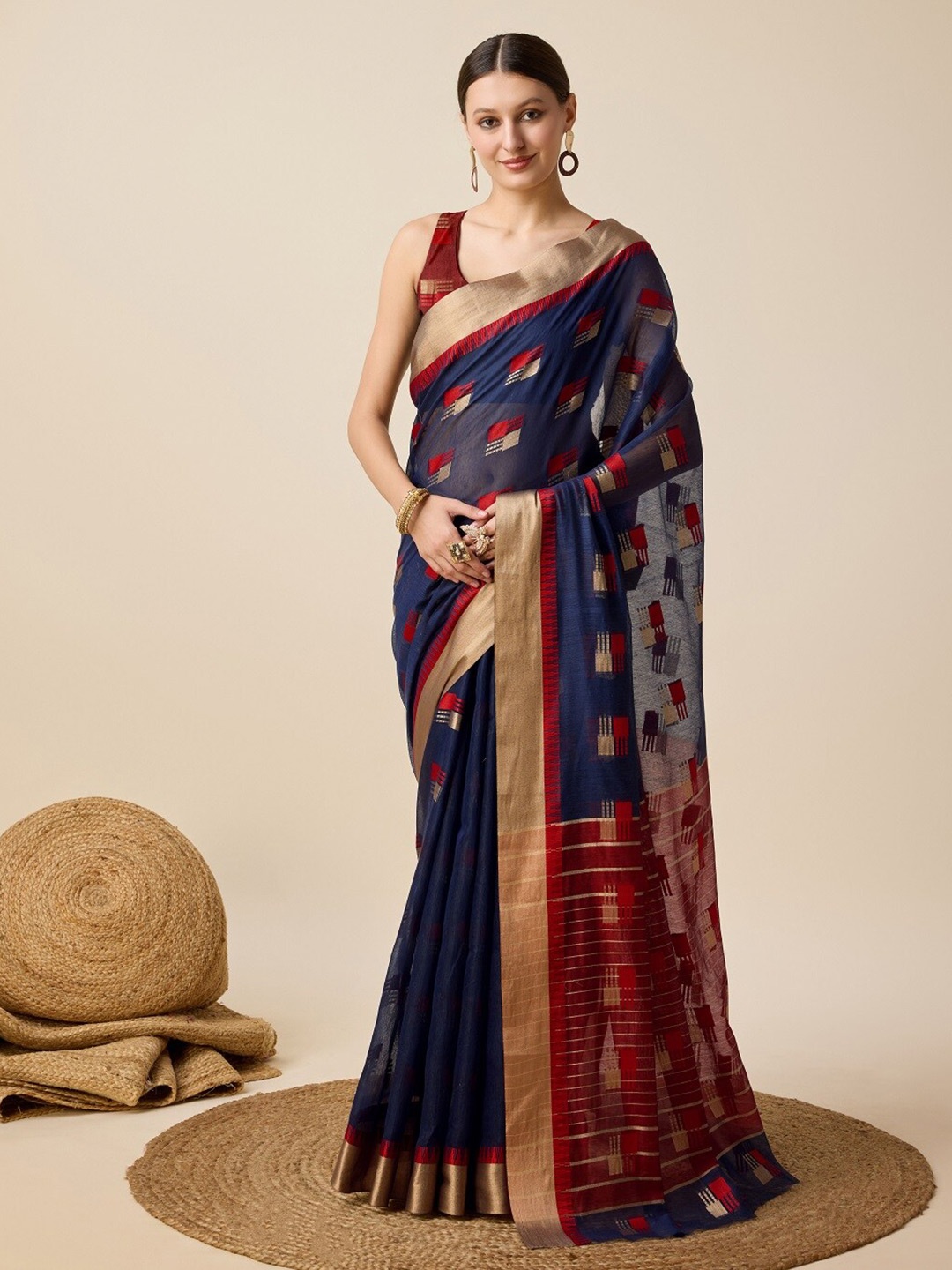 

Sarvada Woven Design Zari Silk Cotton Designer Kota Saree, Navy blue