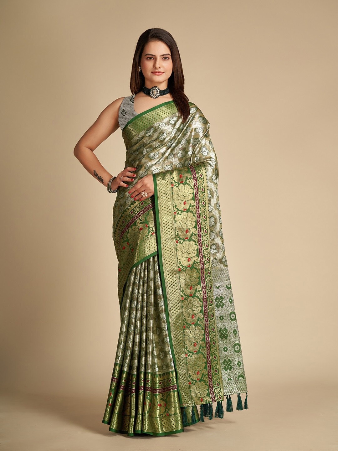 

Sarvada Woven Design Zari Silk Designer Banarasi Saree, Green
