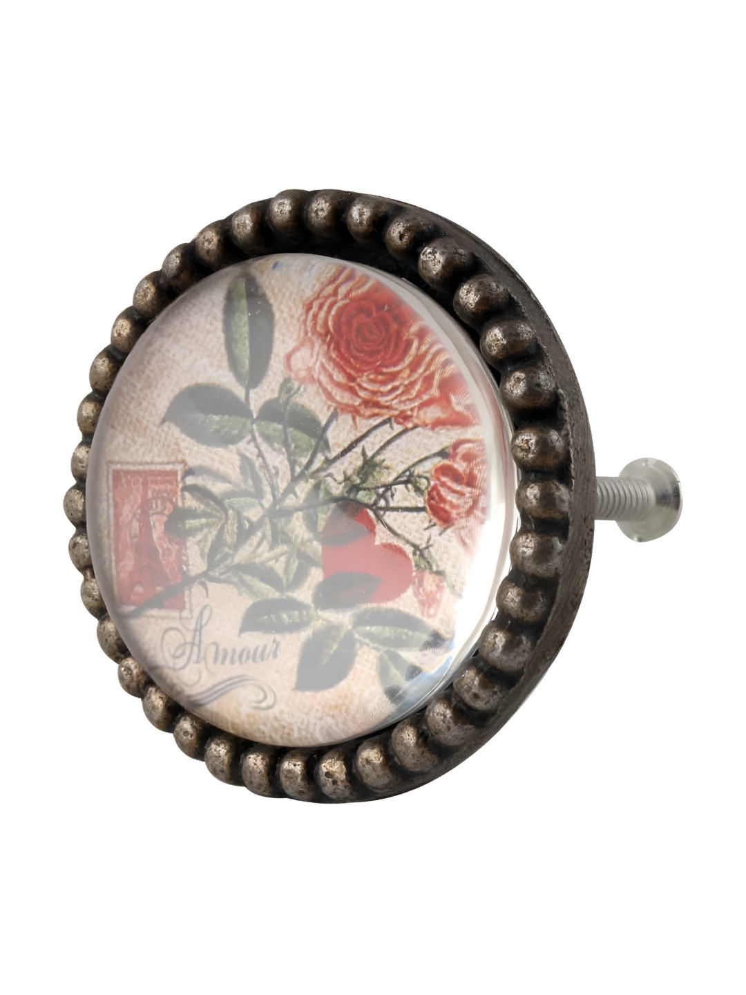 

Indianshelf Cream-colored & Red Rose Inside Carte Postale Round Iron Glass Knob