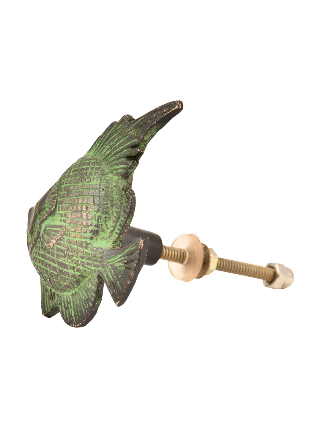 

Indianshelf Green Textured Fish-Shaped Patina-Polished Brass Door Drawer Knob