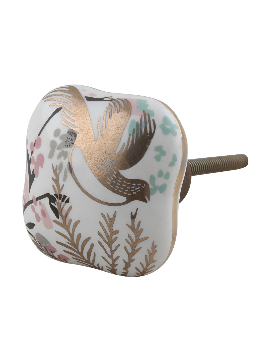 

Indianshelf White & Beige Leaf BirdPrinted Cabinet Knobs