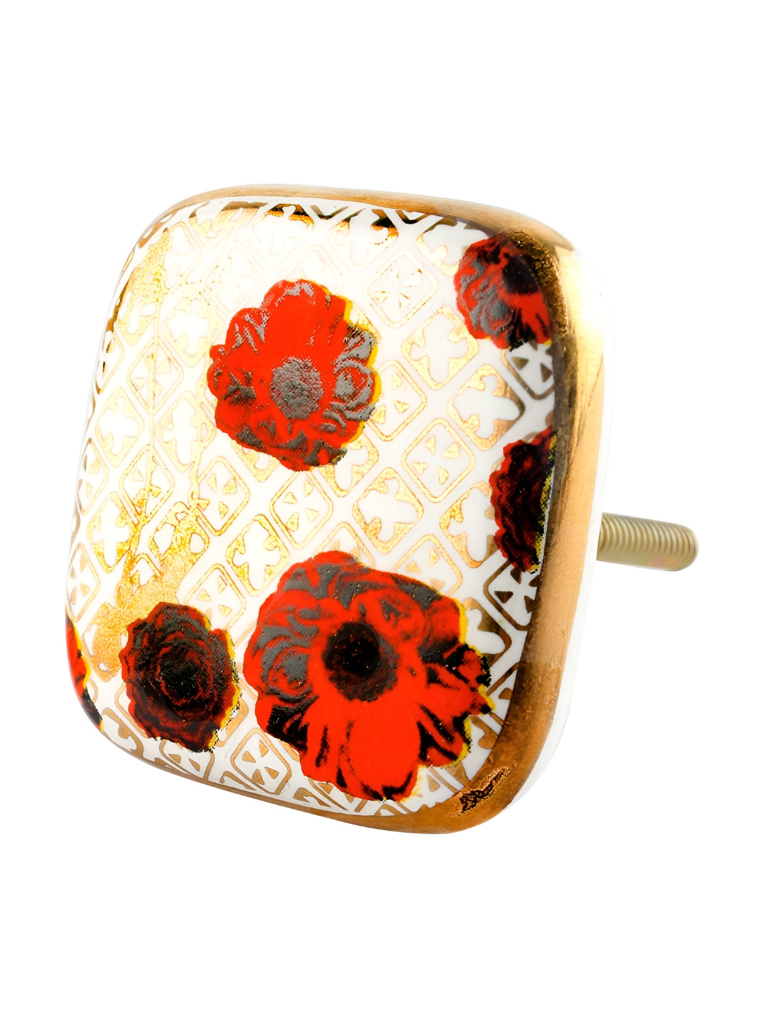 

Indianshelf Red & Beige Flower Printed Square Ceramic Cabinet knob