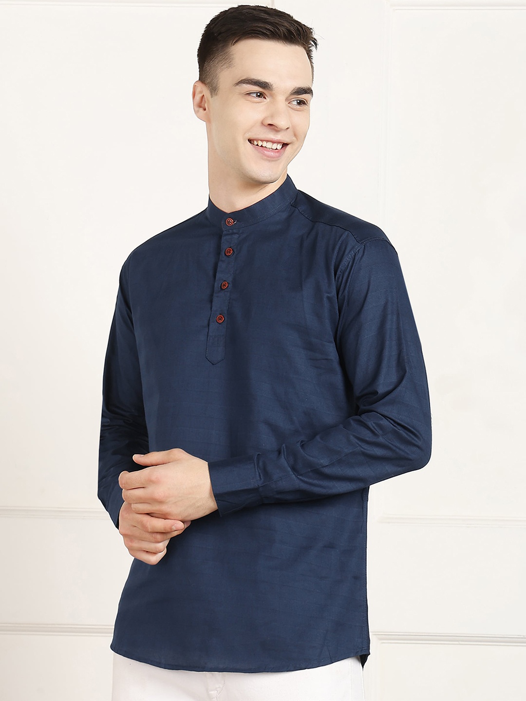 

FUBAR Striped Mandarin Collar Straight Short Kurta, Blue