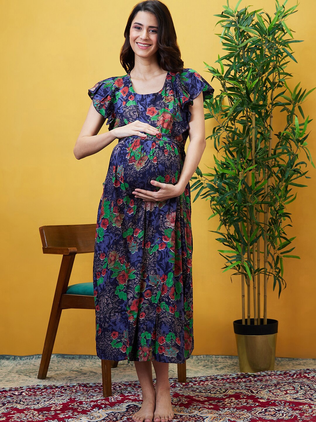 

AV2 Floral Printed Flutter Sleeves Maternity Fit & Flare Ethnic Dress, Navy blue