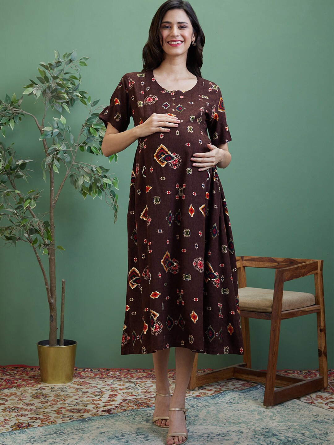 

AV2 Printed Round Neck Maternity Fit & Flare Ethnic Dress, Brown