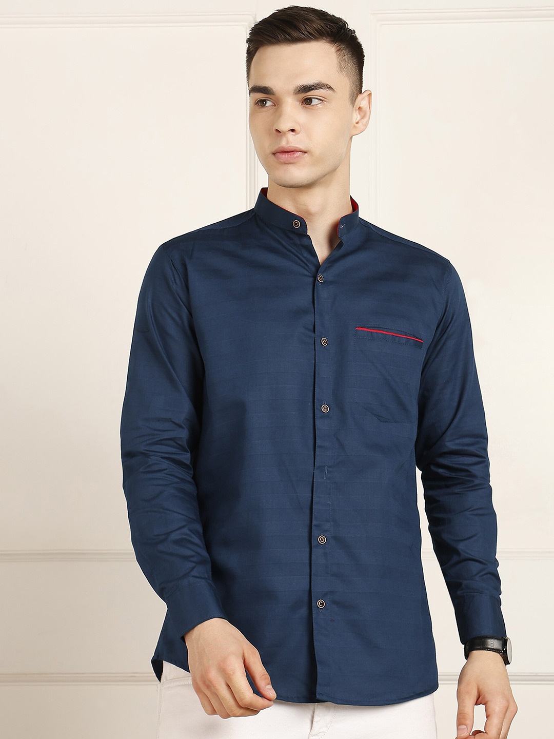 

FUBAR Slim Fit Striped Mandarin Collar Long Sleeves Cotton Casual Shirt, Blue