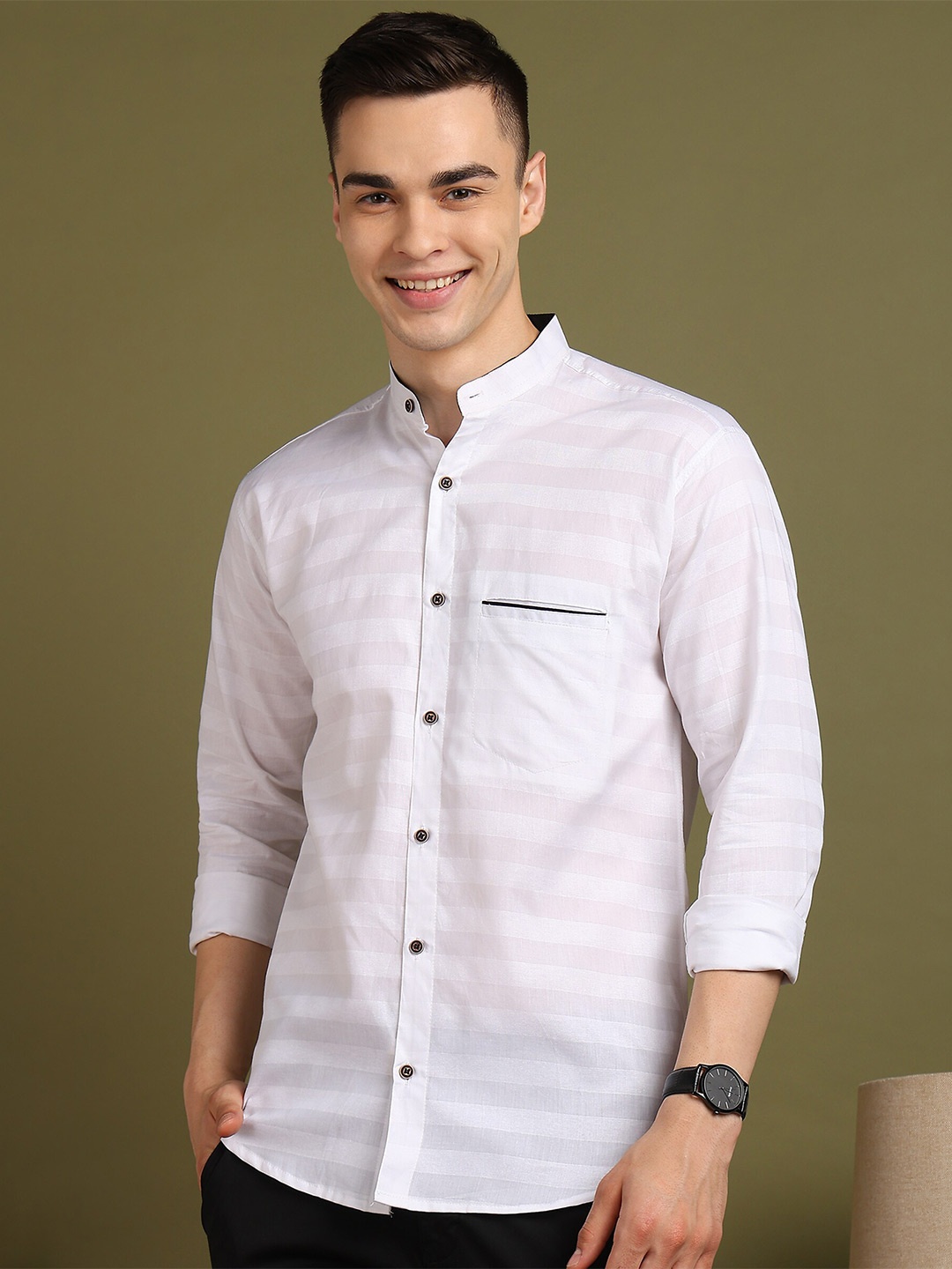 

FUBAR Slim Fit Striped Mandarin Collar Long Sleeves Cotton Casual Shirt, White