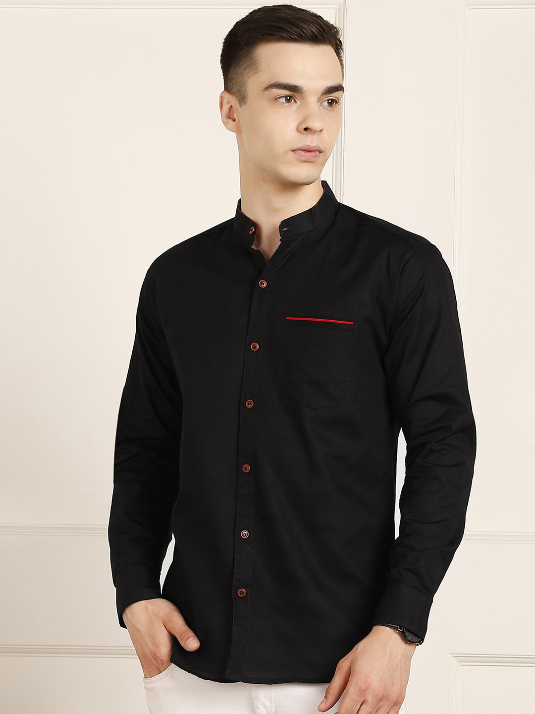 

FUBAR Slim Fit Striped Mandarin Collar Long Sleeves Cotton Casual Shirt, Black