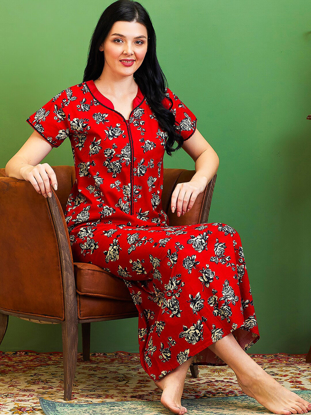 

AV2 Floral Printed Pure Cotton Maternity Maxi Nightdress, Red