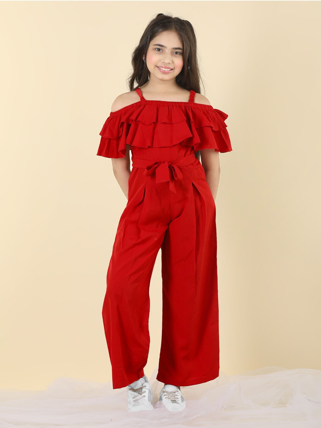 

Cutiekins Girls Tie Up Basic Jumpsuit With Ruffles, Red