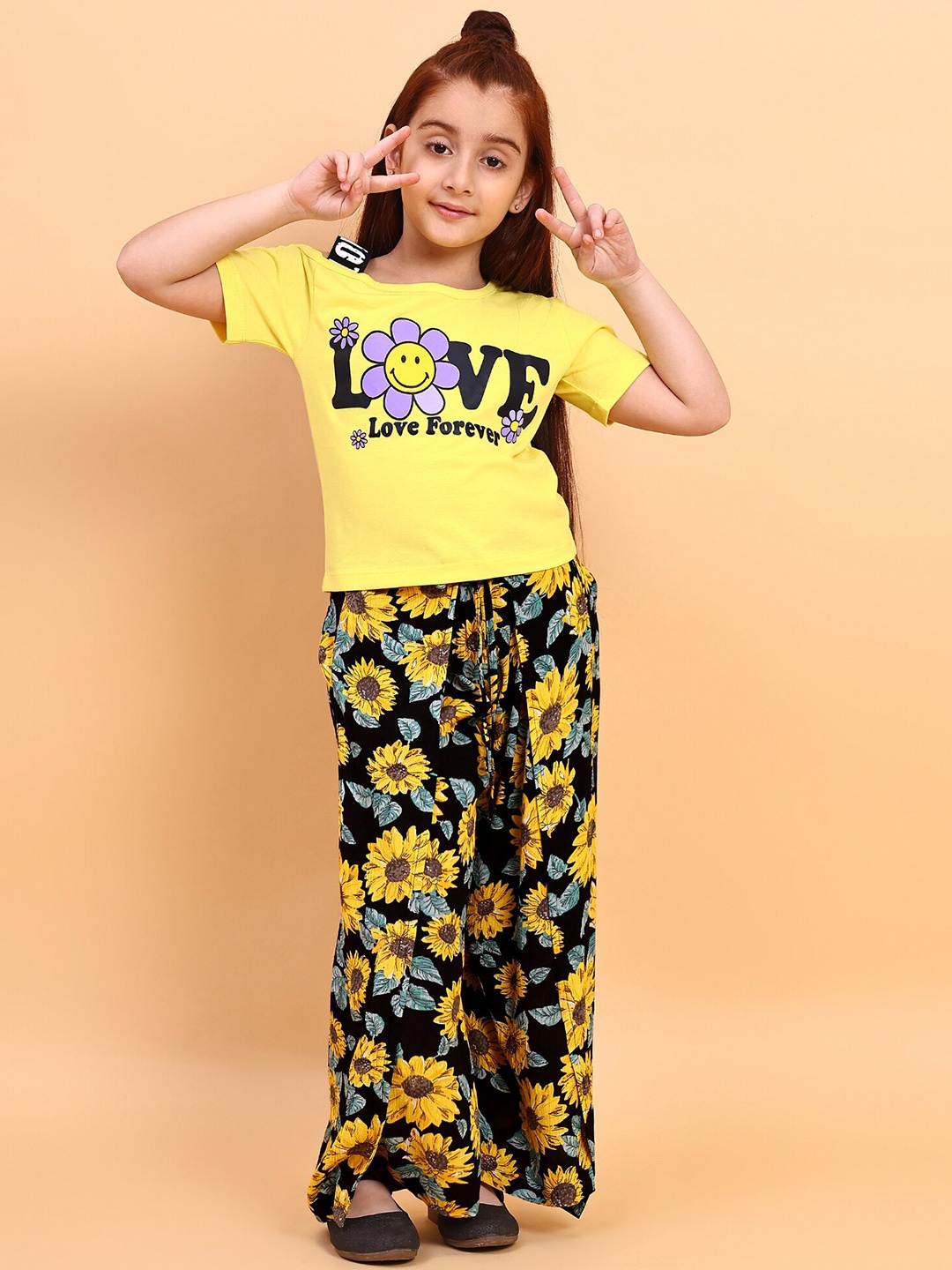 

YK Girls Typography Printed Top with Palazzos, Yellow