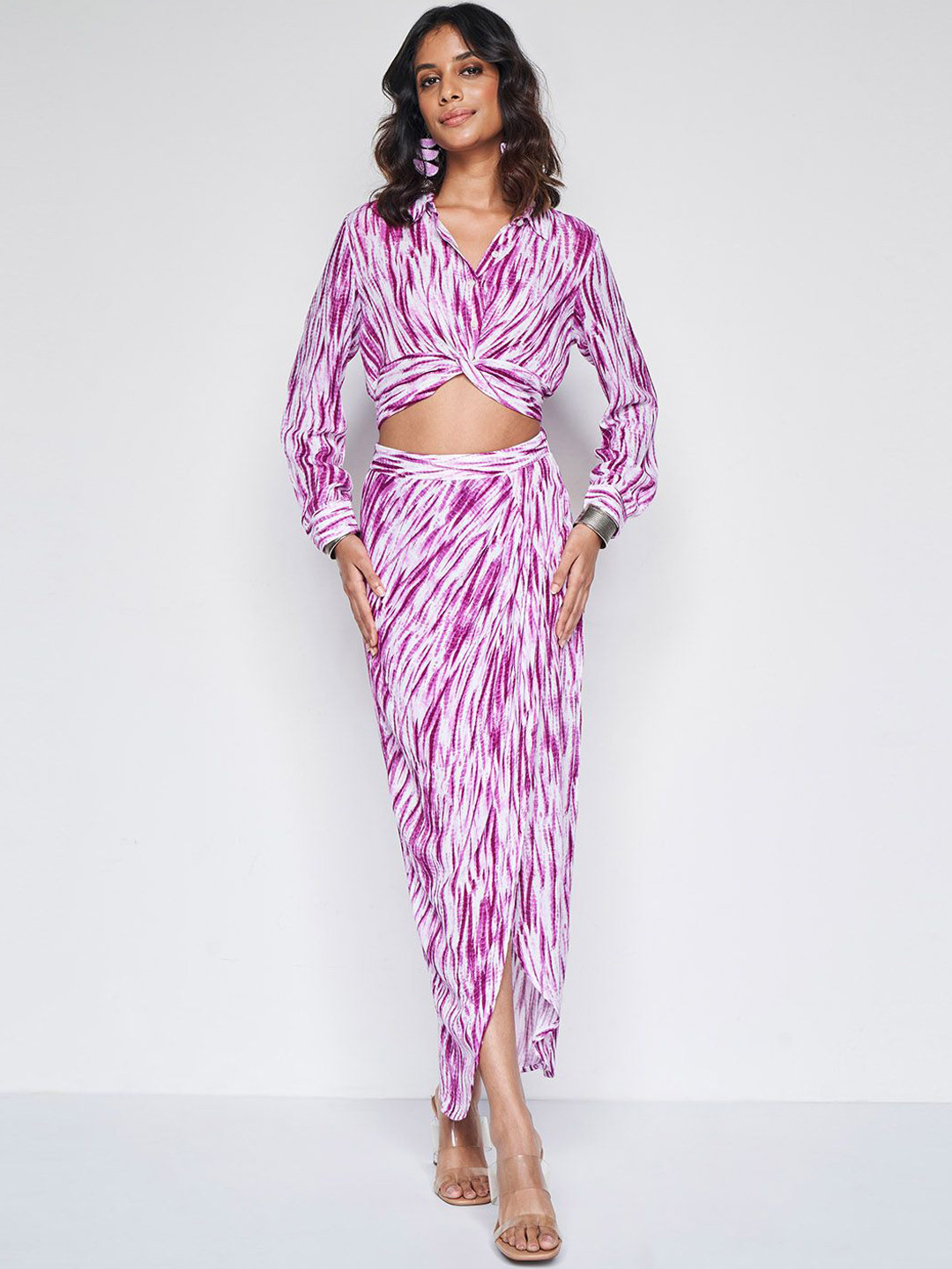 

Global Desi Tie-Dyed Shirt Collar Long Sleeves Crop Shirt & Slit Maxi Skirt, Purple