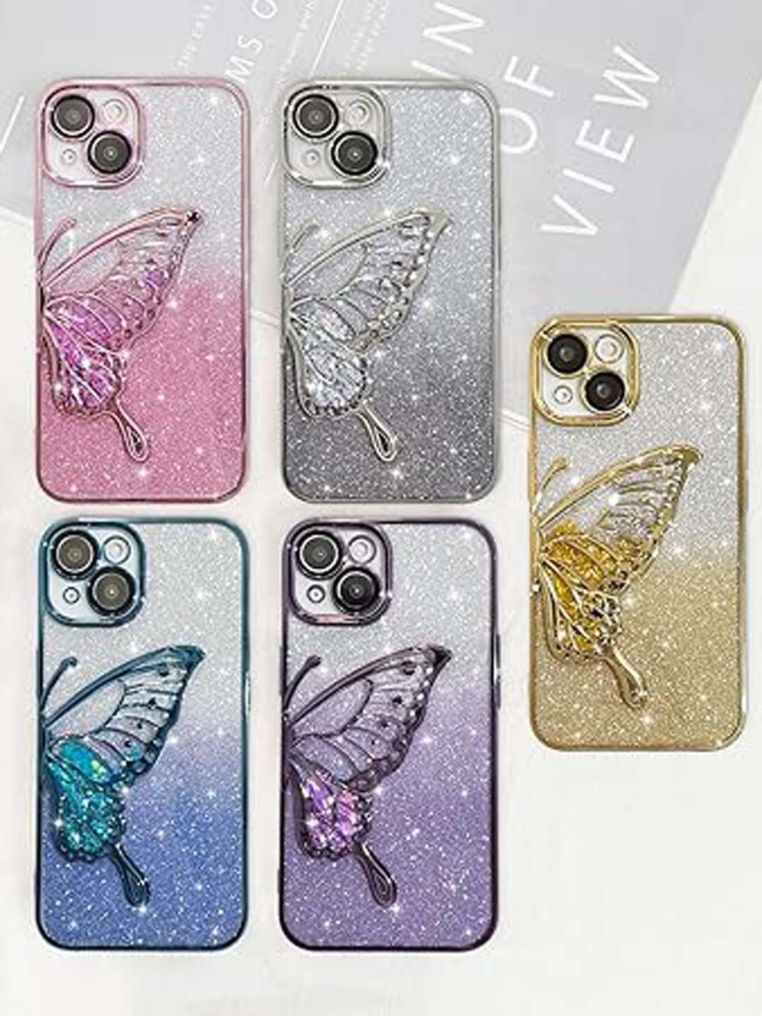 

TREEMODA Glitter 3D Butterfly iPhone 15 Mobile Back Case, Pink