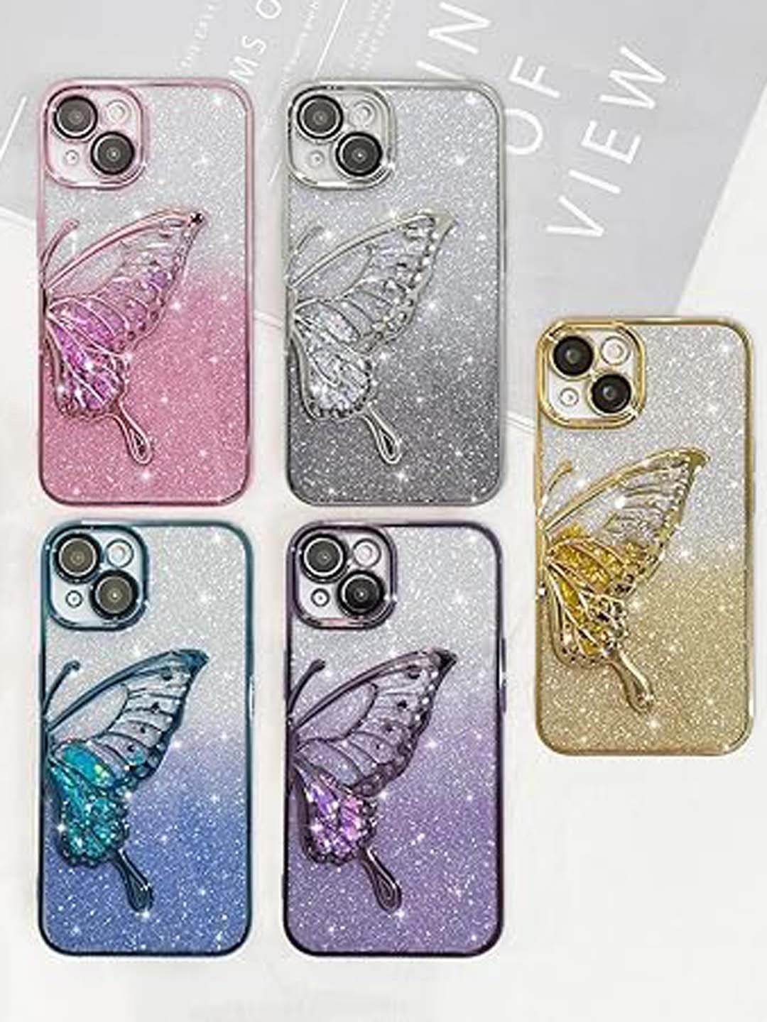 

TREEMODA iPhone 13 Glitter 3D Butterfly Three-Dimensional Back Case, Gold