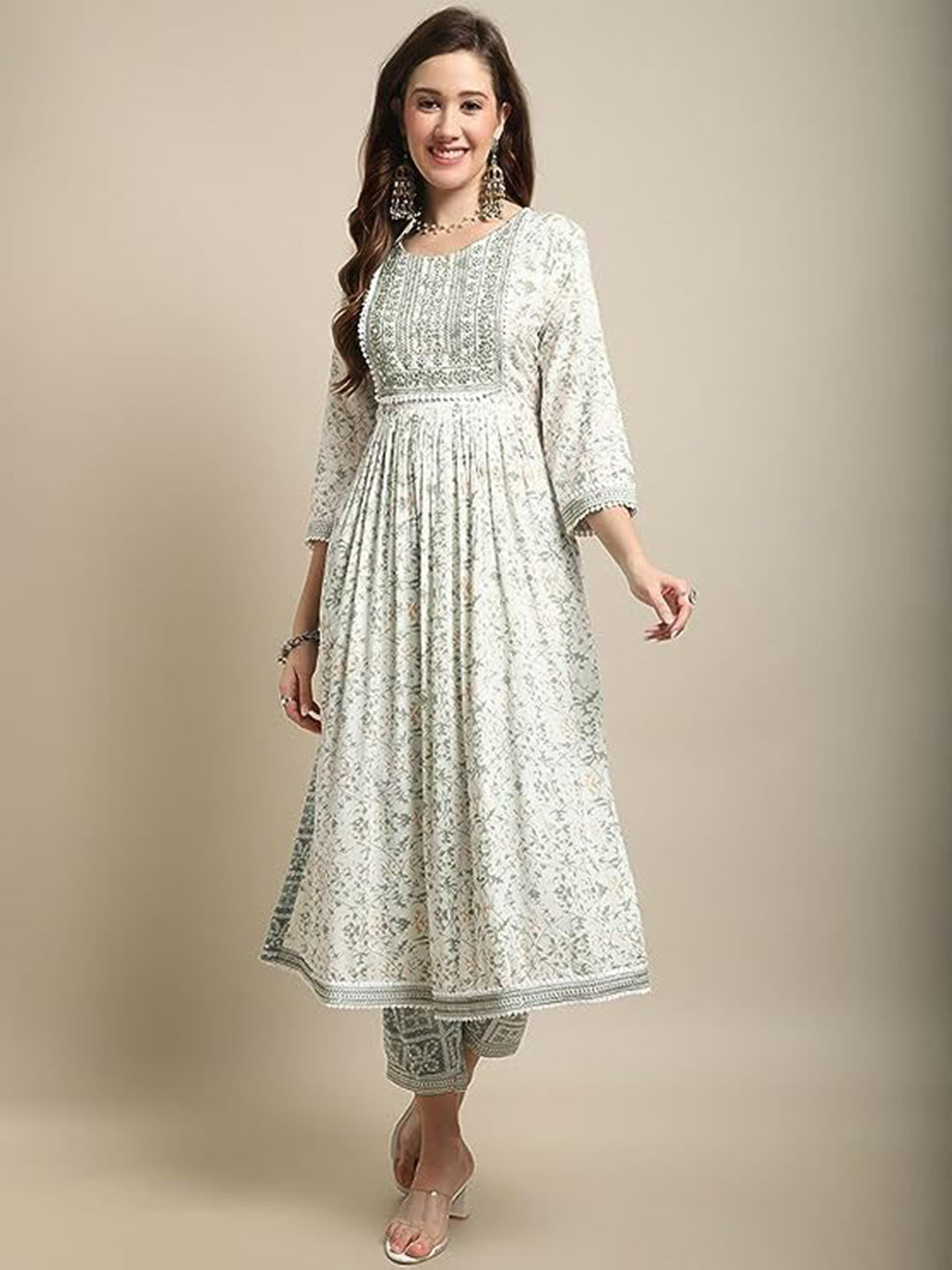 

KALINI Floral Printed Round Neck Three-Quarter Sleeves Kurta with Trousers & Dupatta, Green