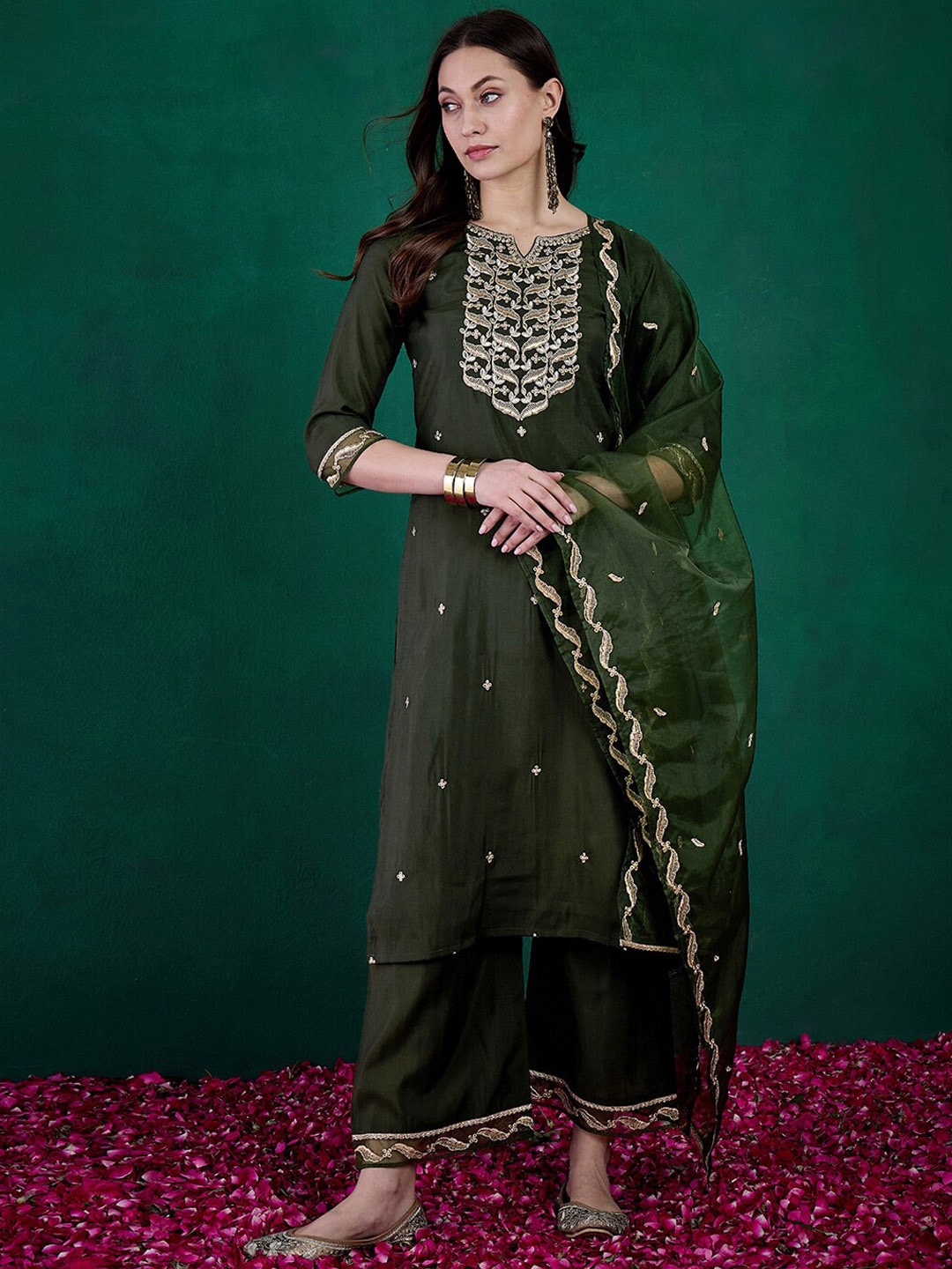 

Sangria Sequin Embroidered Round Neck Straight Kurta With Trousers & Dupatta, Green