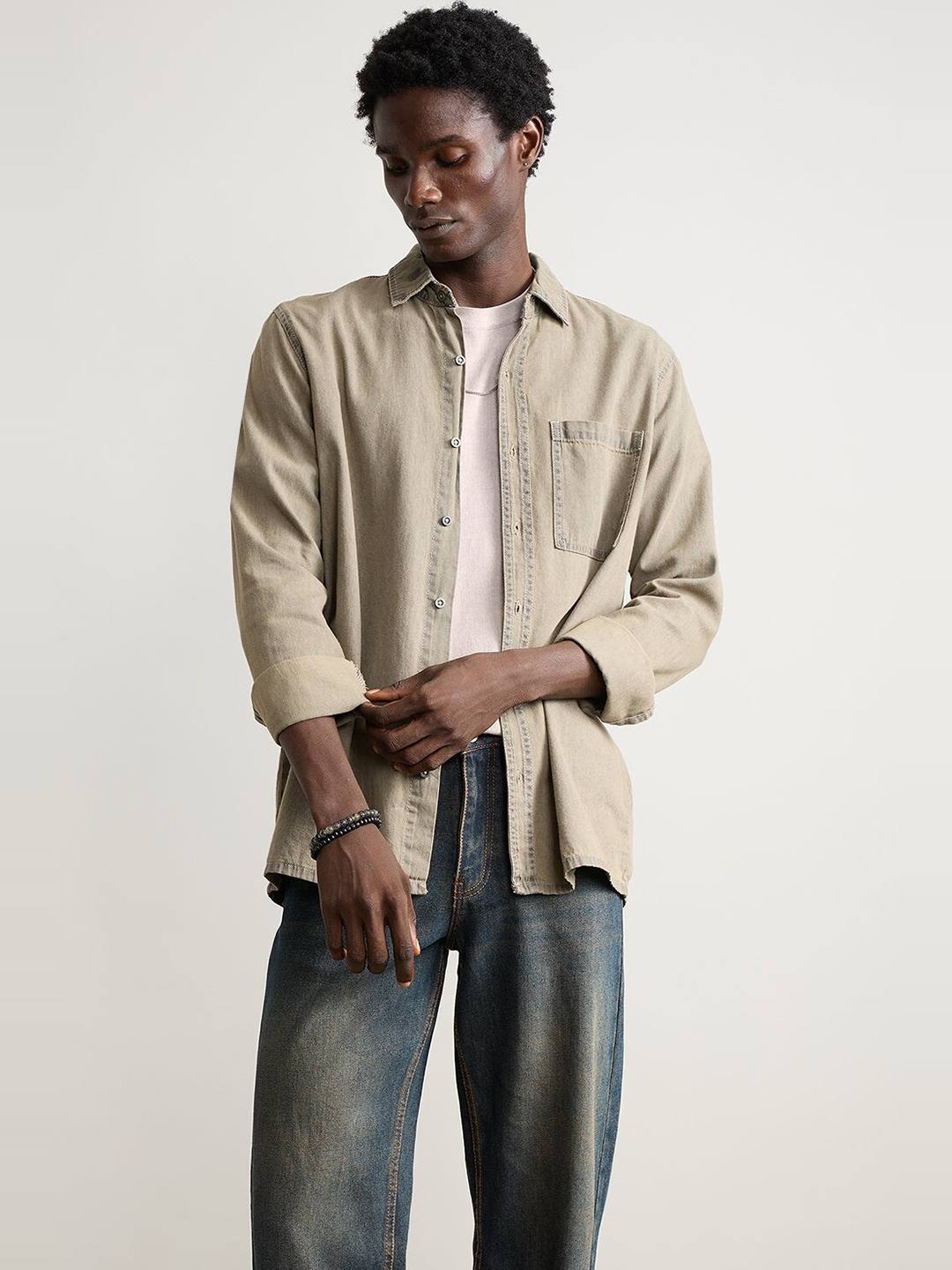 

FREAKINS Spread Collar Long Sleeves Cotton Casual Shirt, Grey