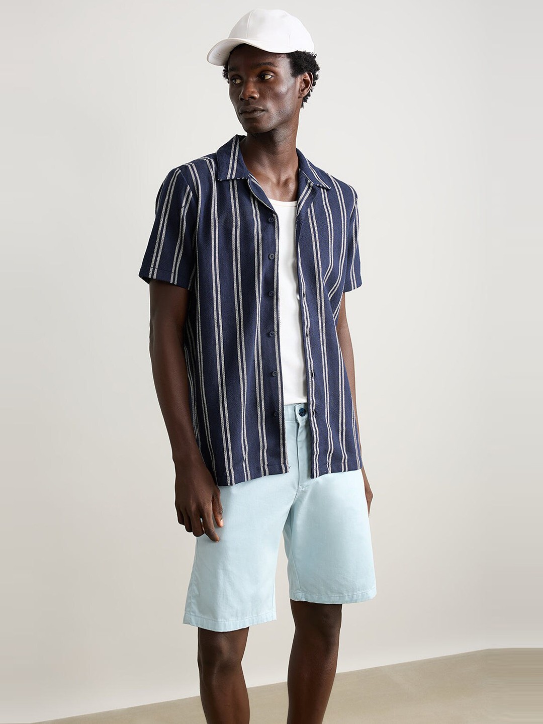 

FREAKINS Striped Spread Collar Short Sleeves Cotton Casual Shirt, Navy blue