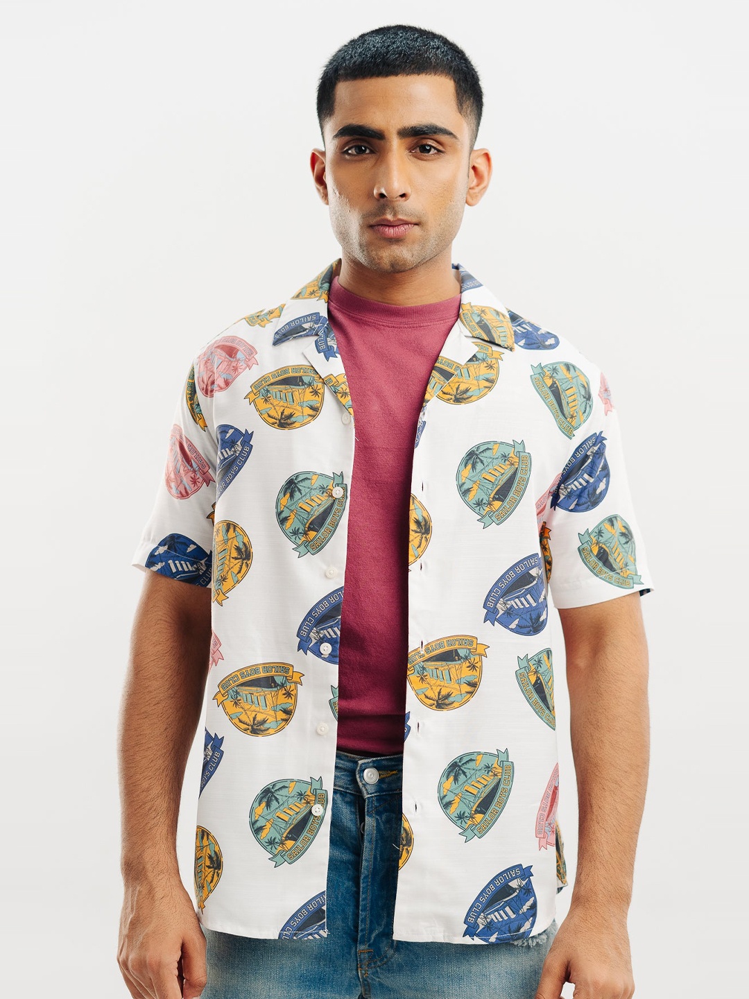 

FREAKINS Printed Spread Collar Short Sleeves Cotton Casual Shirt, White
