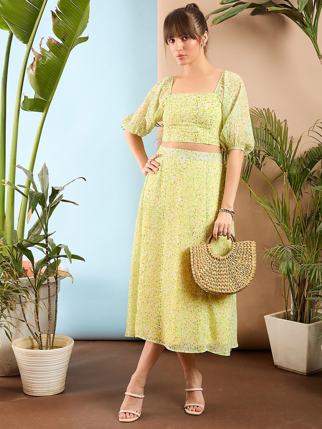 

SASSAFRAS Yellow Floral Printed Square Neck Crop Top With Midi Skirt Co-Ords