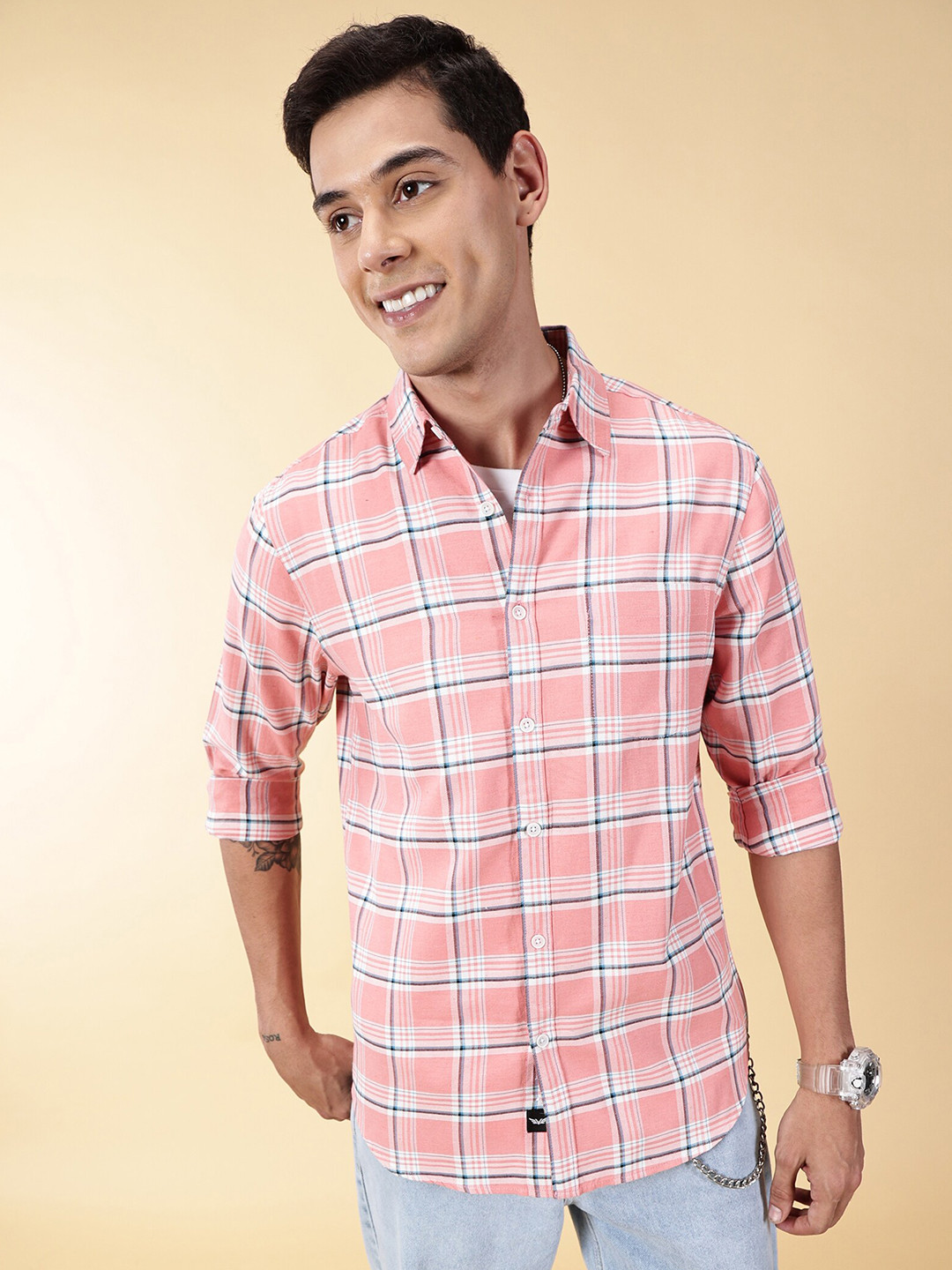 

VALEN CLUB Slim Fit Tartan Checks Opaque Cotton Casual Shirt, Coral