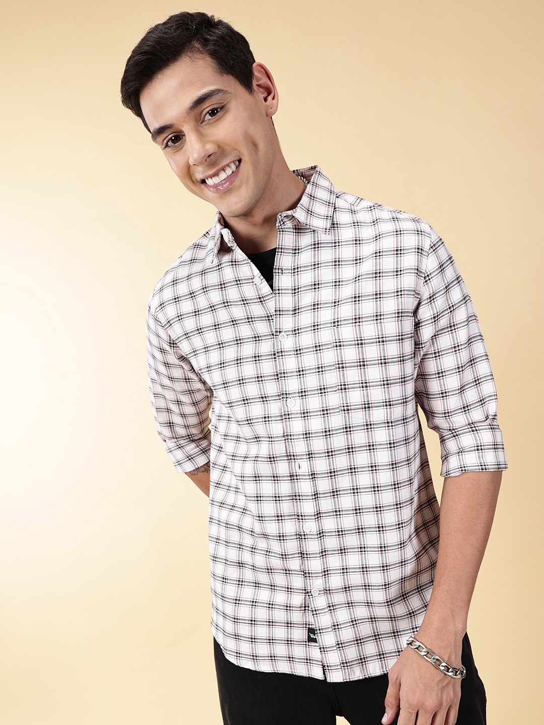 

VALEN CLUB Slim Fit Gingham Checks Opaque Cotton Casual Shirt, White