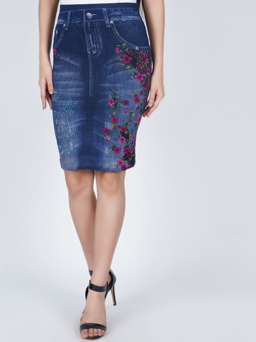 

BAESD Floral Printed Knee Length Denim Straight Skirt, Blue